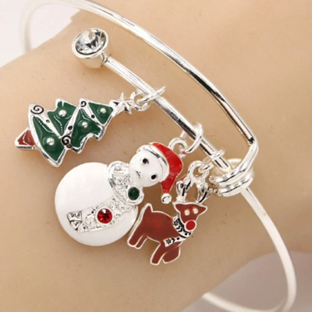 Womens Charming Expand Holiday Christmas Theme Silver Slip on Bracelet